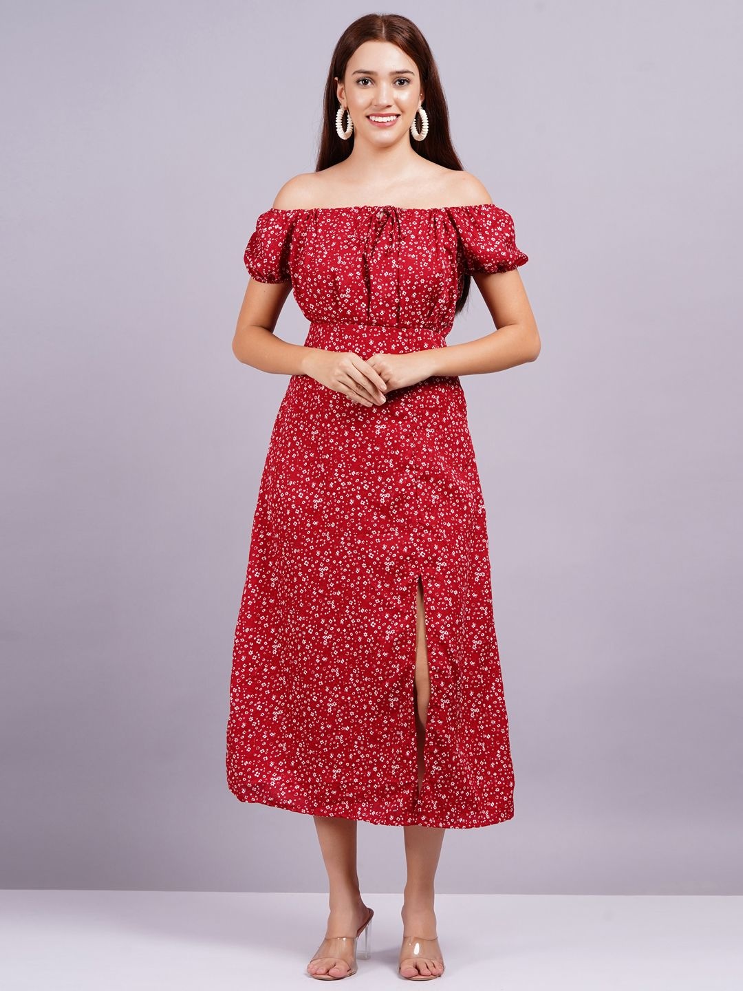 

KALINI Women Floral Printed Off-Shoulder Fit & Flare Midi Dress, Red