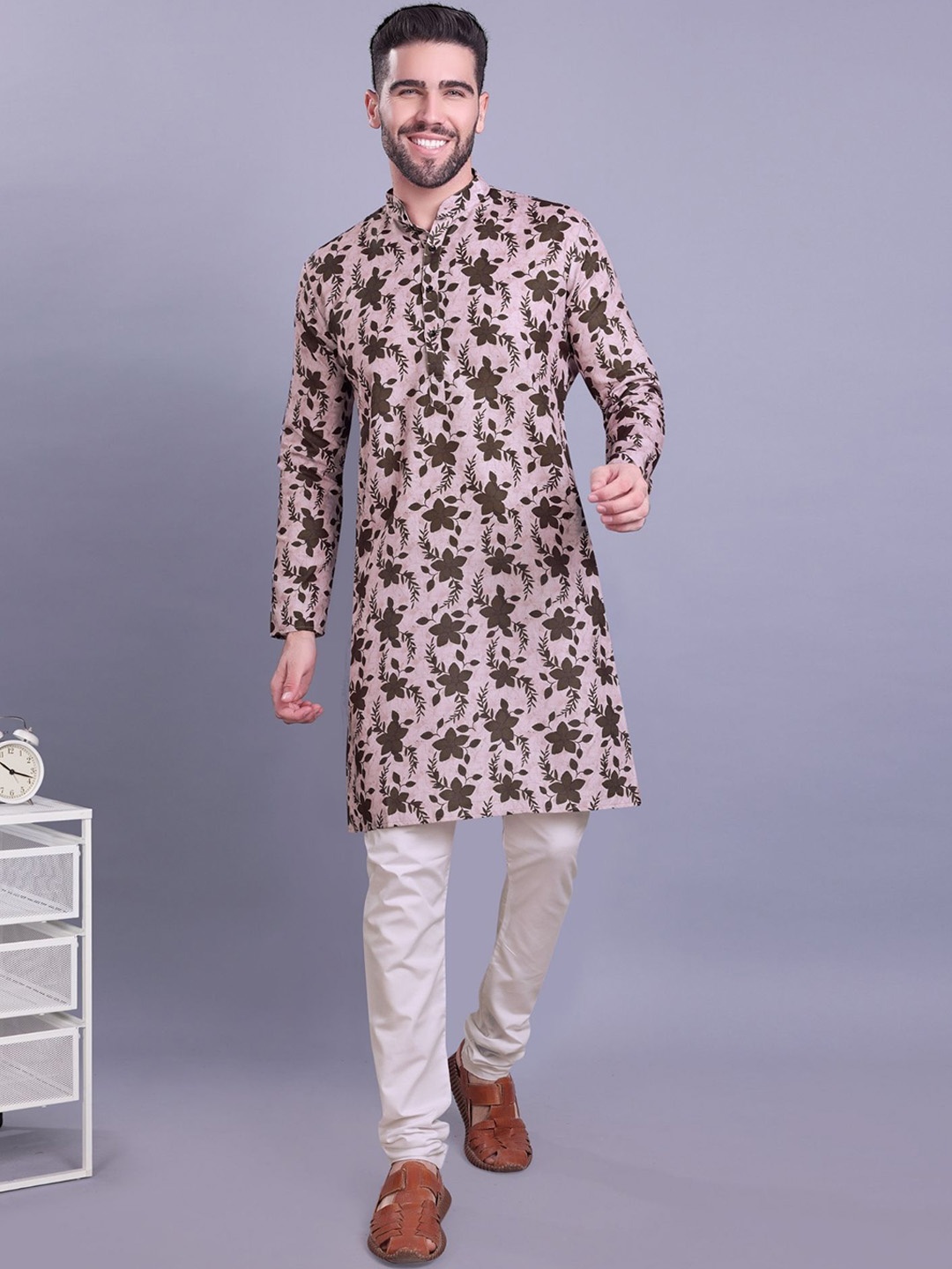 

ENCINO Floral Printed Mandarin Collar Cotton Straight Kurta, Peach