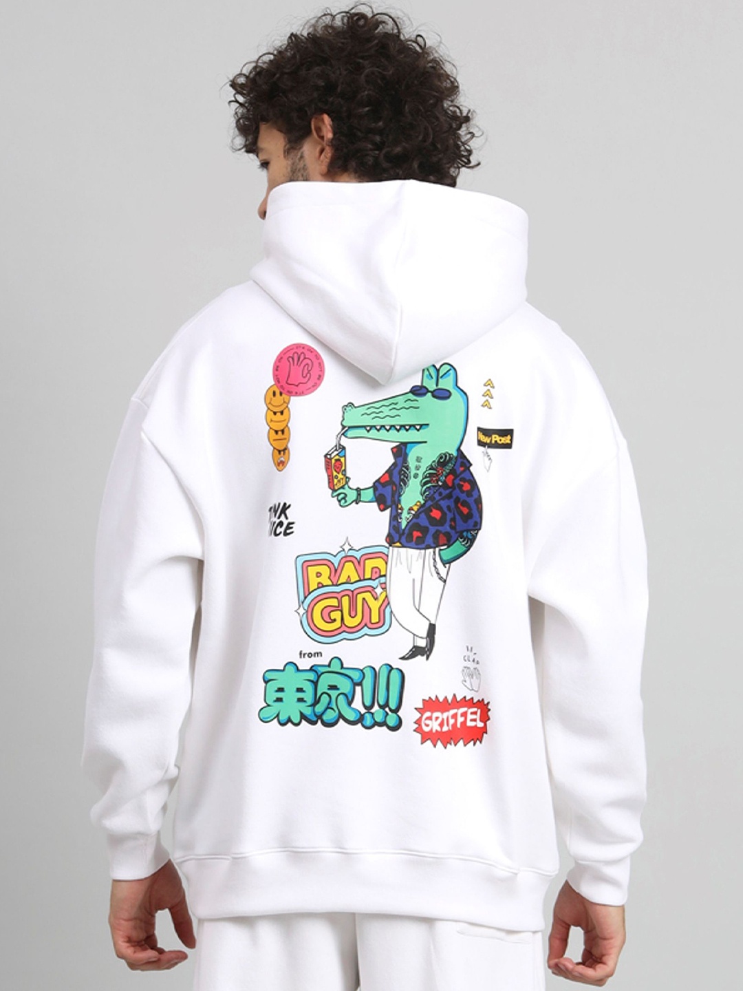 

GRIFFEL Men Graphic Printed Hood Fleece Pullover Sweatshirt, White