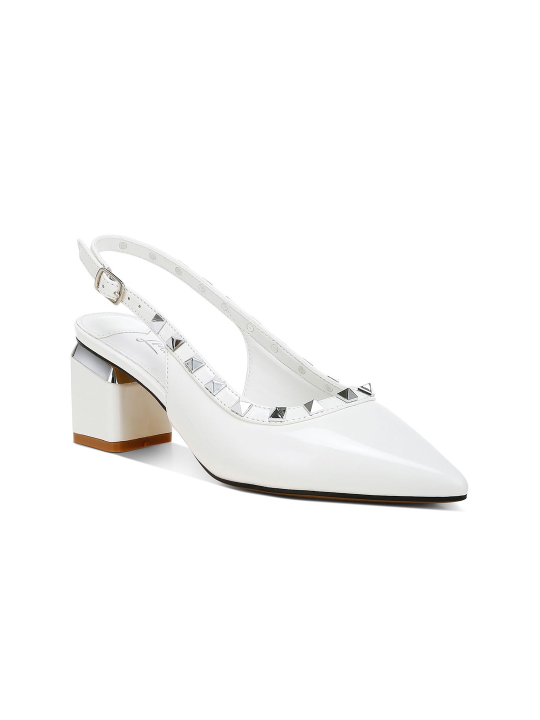 

London Rag Stud Embellished Leather Block Heeled Mules, White