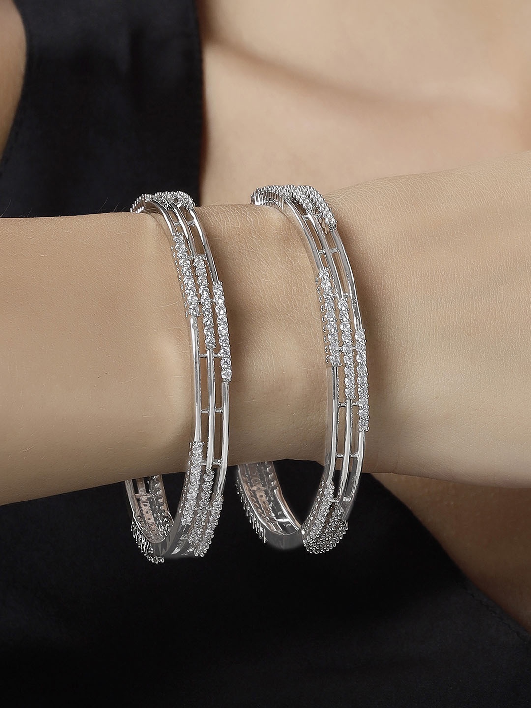 

KARATCART Set Of 2 Sliver Plated CZ Studded Bangles, Silver