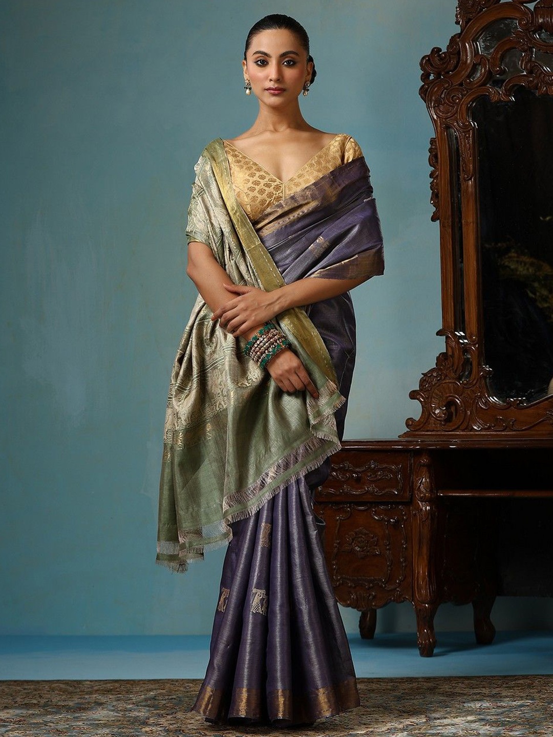 

DUSALA INDIA Woven Design Zari Silk Cotton Saree, Grey