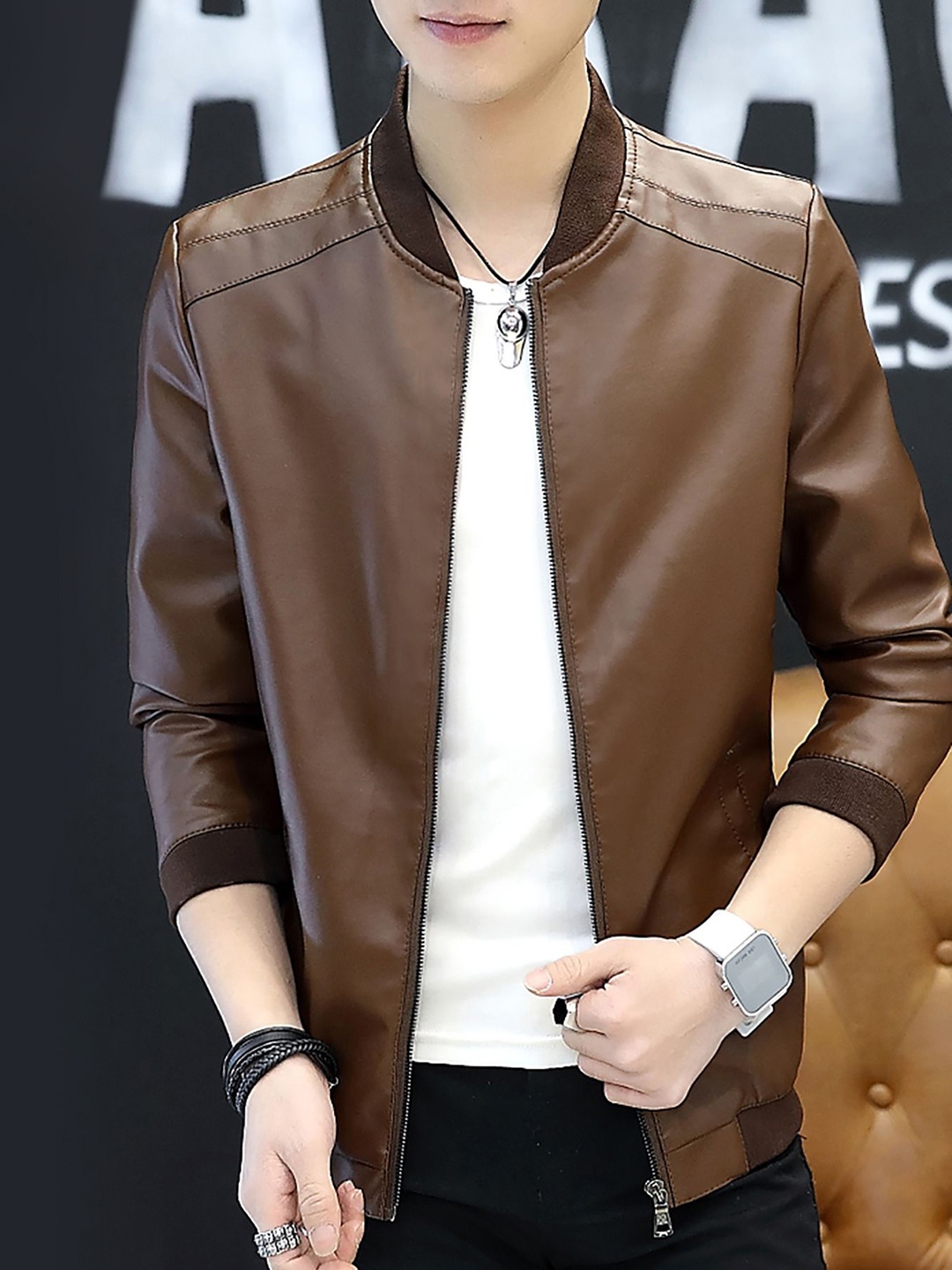 

StyleCast x Revolte Men Solid Stand Collar Leather Jacket, Brown
