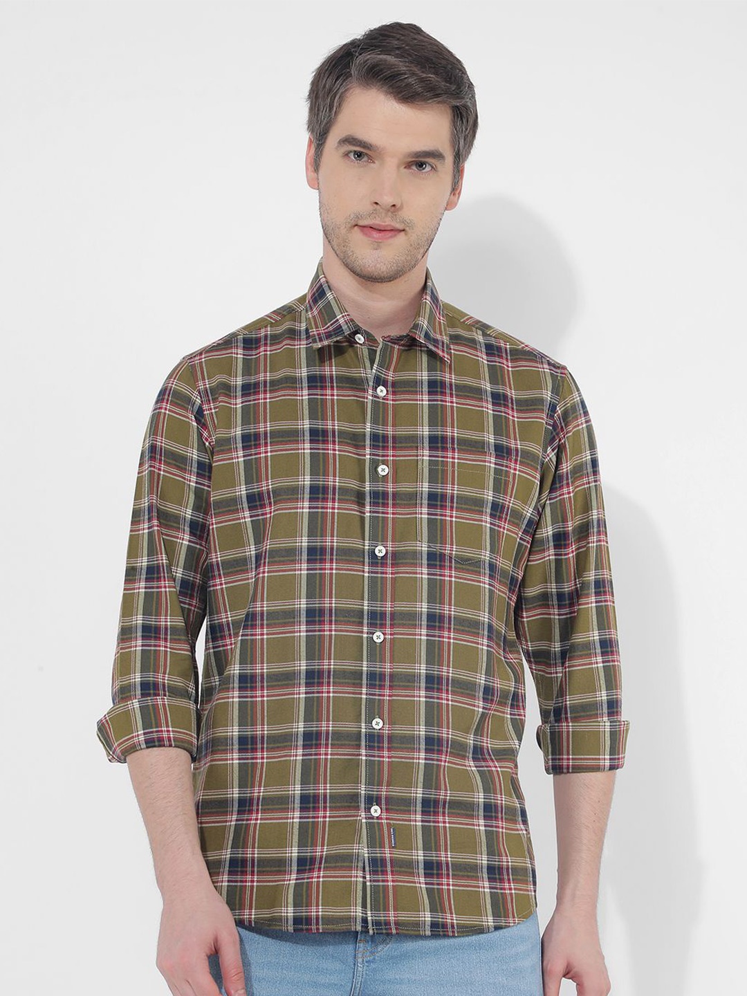 

Numero Uno Men Spread Collar Tartan Checked Cotton Casual Shirt, Olive