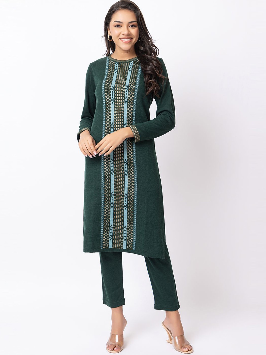 

KEIKO Geometric Woven Design Straight Acrylic Kurta, Green