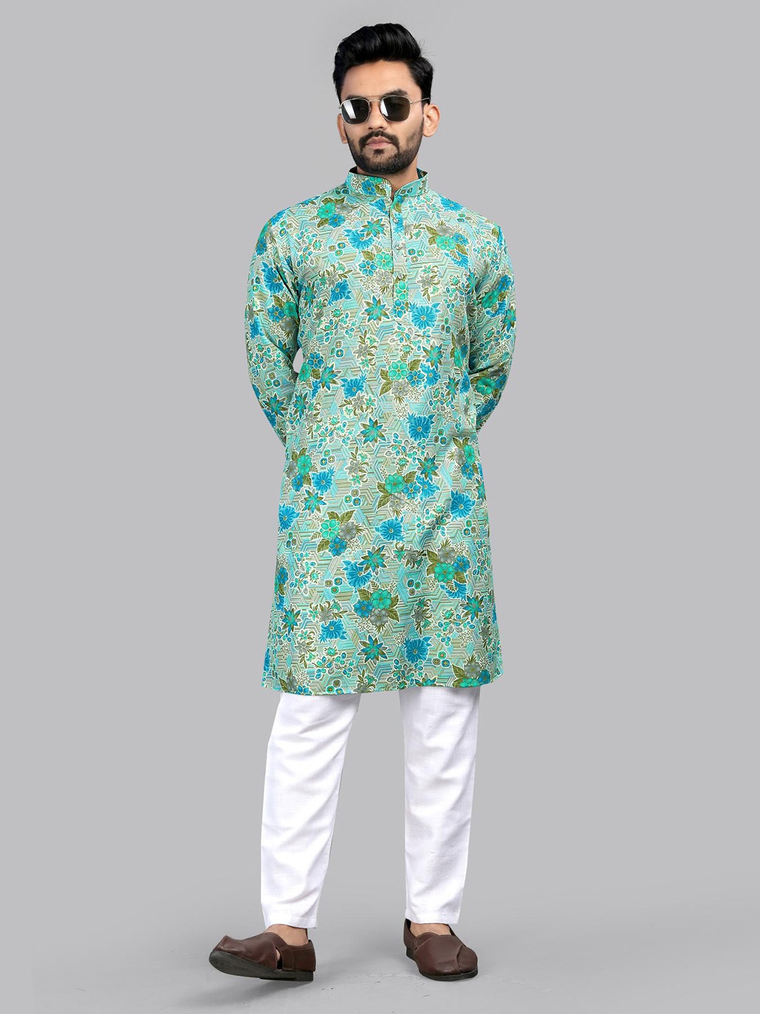 

allan peter Men Floral Printed Cotton Kurta, Blue