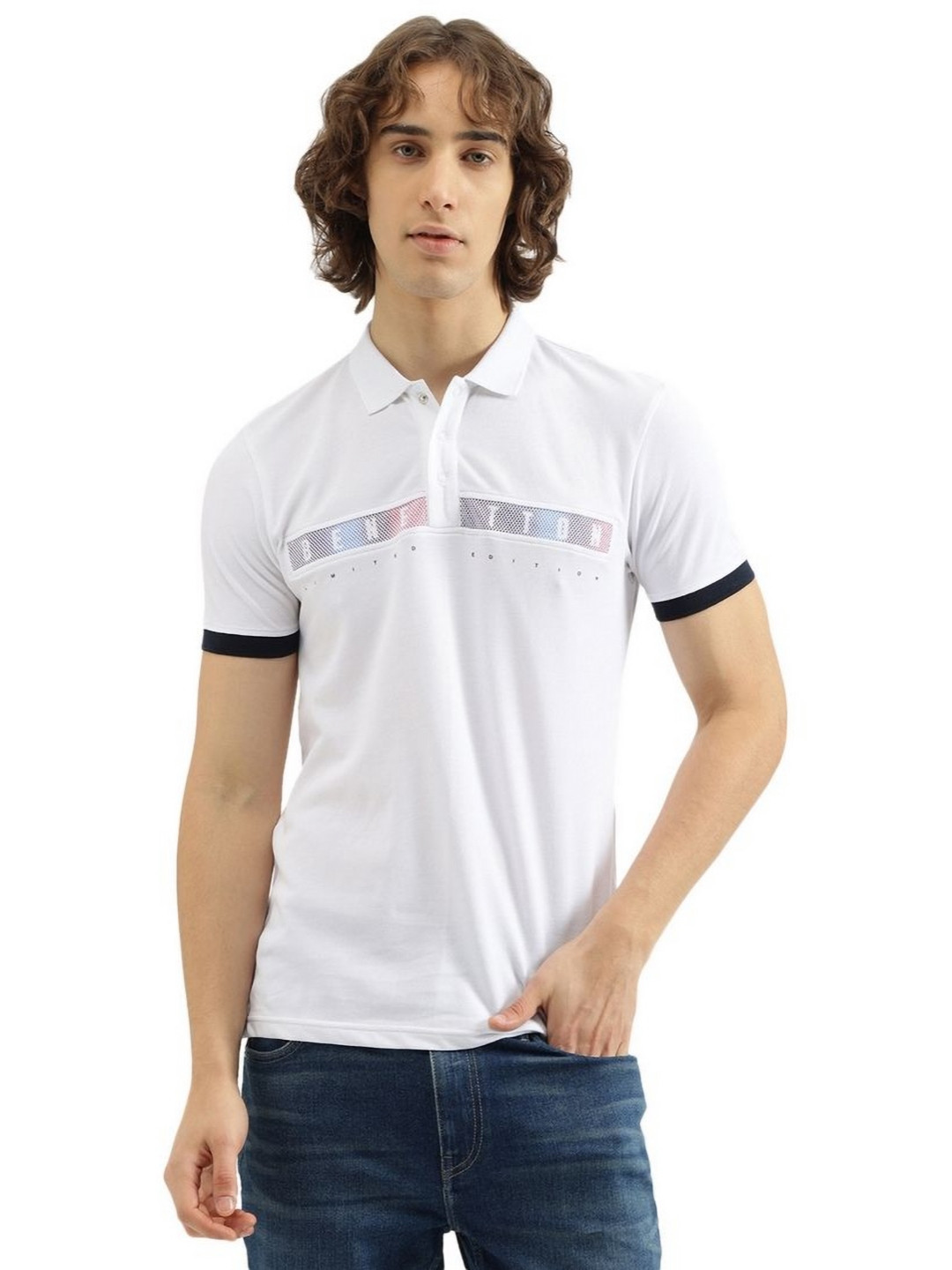 

United Colors of Benetton Men Typography Printed Polo Collar Pure Cotton T-shirt, White