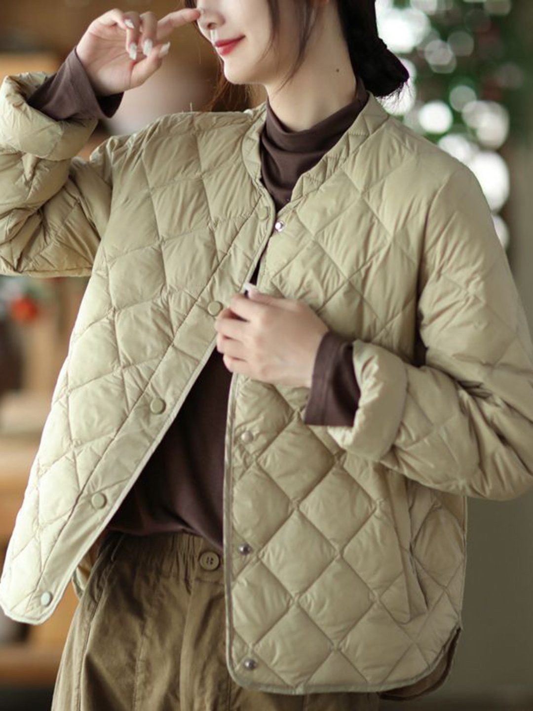 

StyleCast x Revolte Women Self Design Mandarin Collar Puffer Jacket, Beige