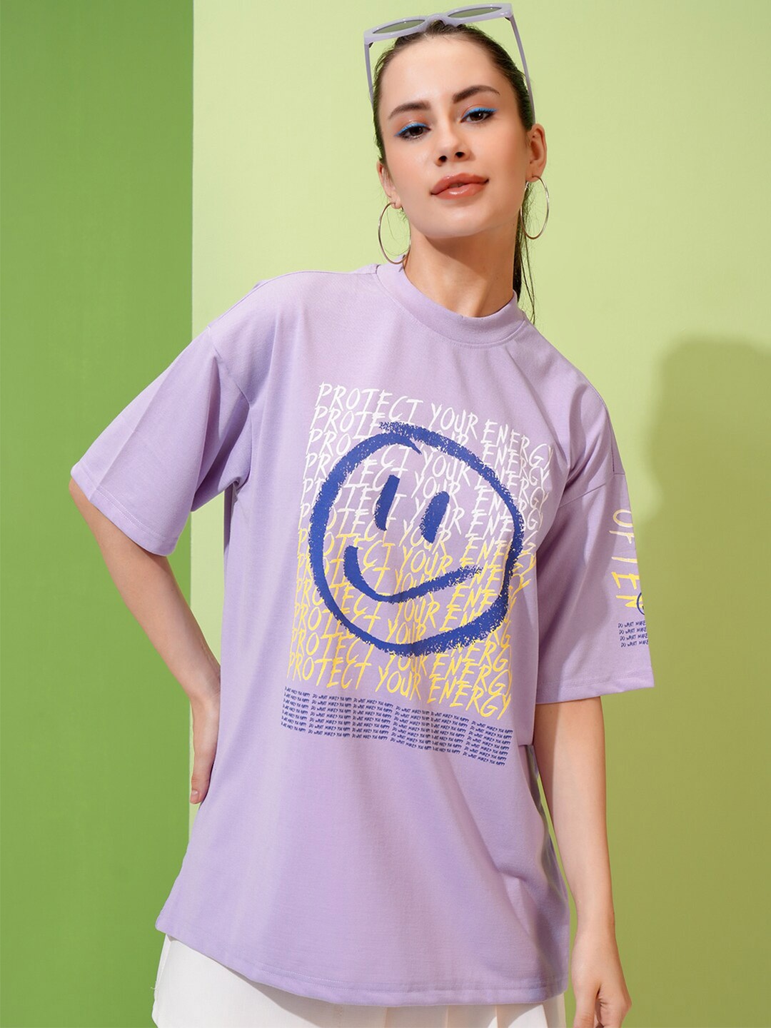 

Tokyo Talkies Lavender Colour Printed Dropshoulder Oversized T-shirt