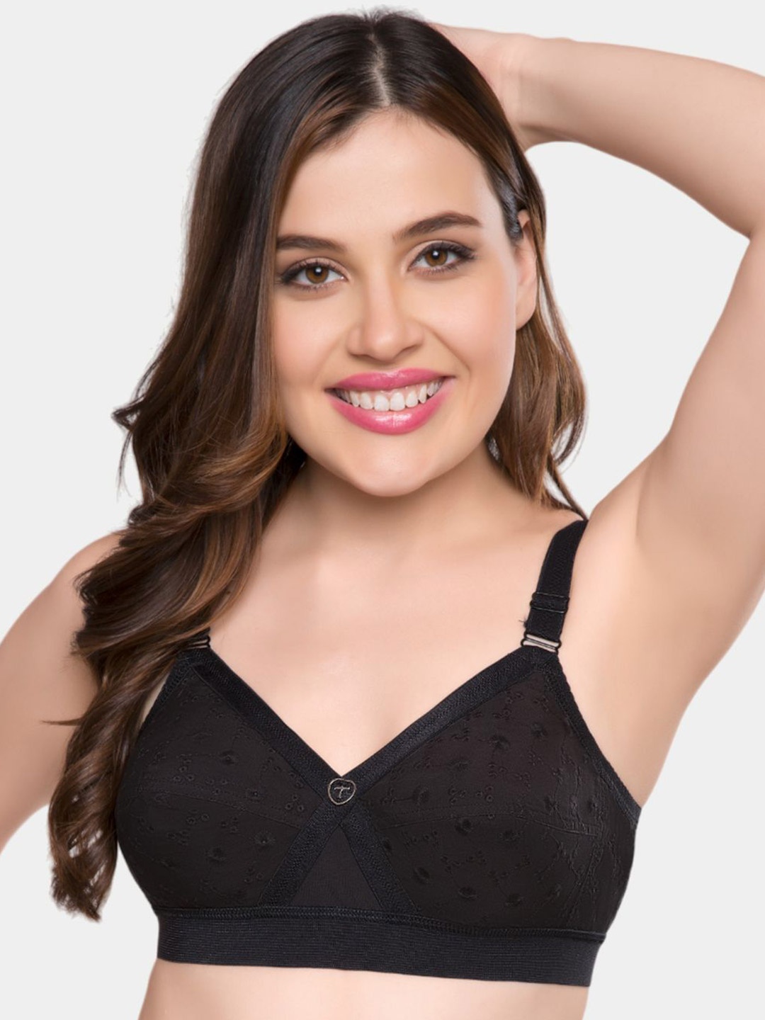 

Trylo Krutika Chikan Pure Cotton Non-Padded Non-Wired Full Coverage Bra, Black