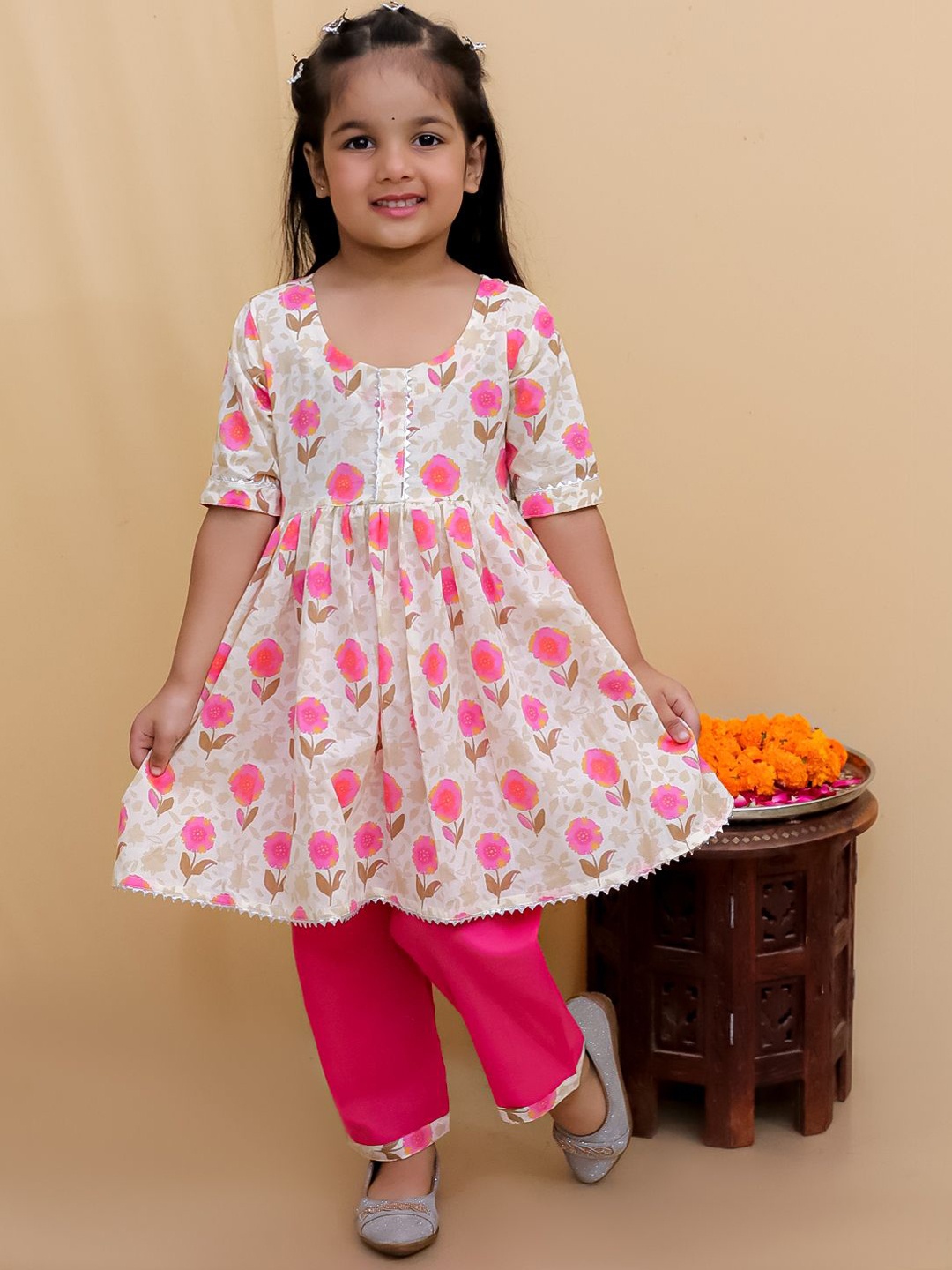 

Bold N Elegant Girls Floral Printed Empire Anarkali Kurta with Trousers, Pink