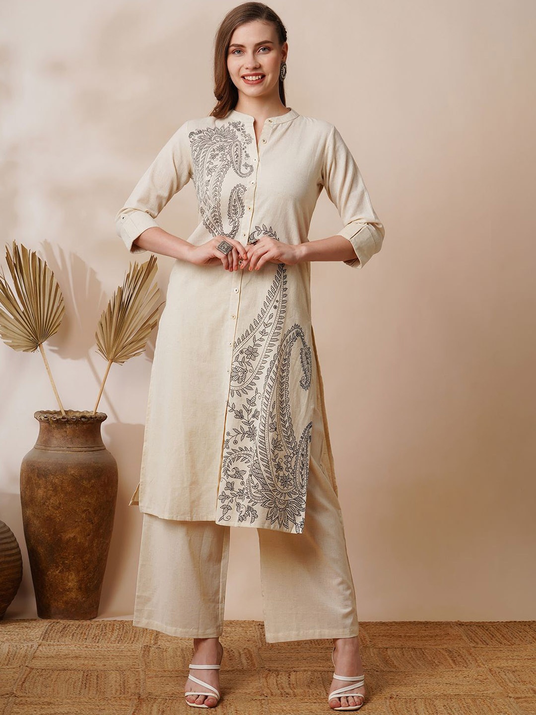 

KALINI Ethnic Motifs Printed Pure Cotton Kurta with Palazzo, Beige