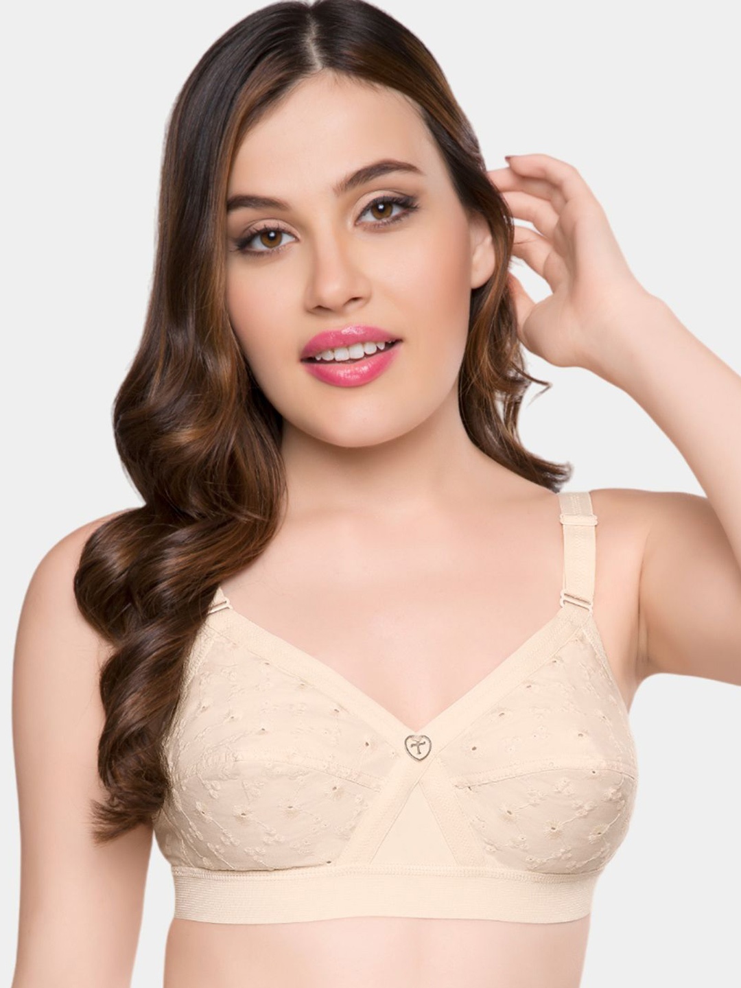 

Trylo Krutika Chikan Pure Cotton Non-Padded Non-Wired Full Coverage Bra, Beige