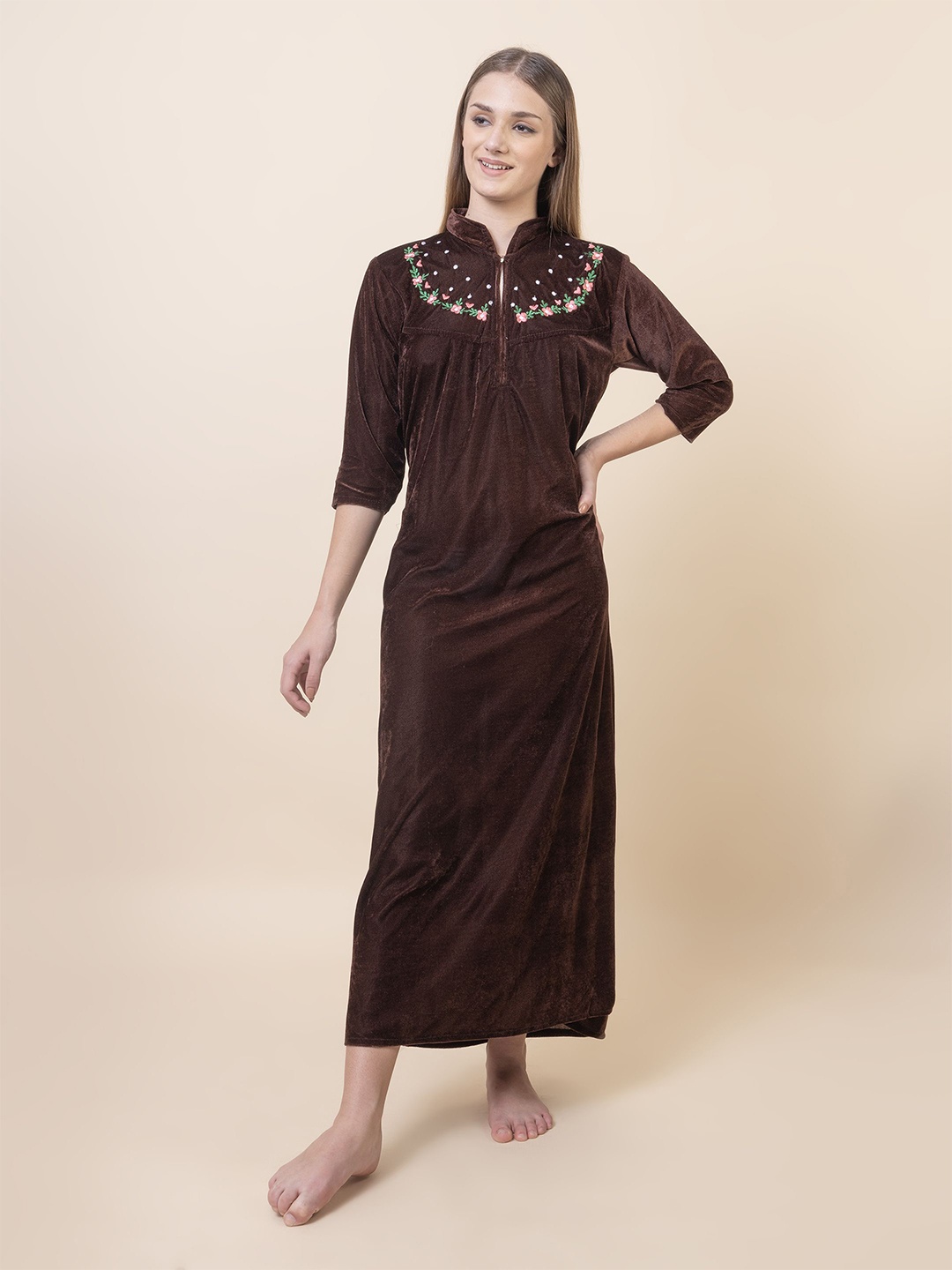 

AVYAY Embroidered Nightdress, Coffee brown