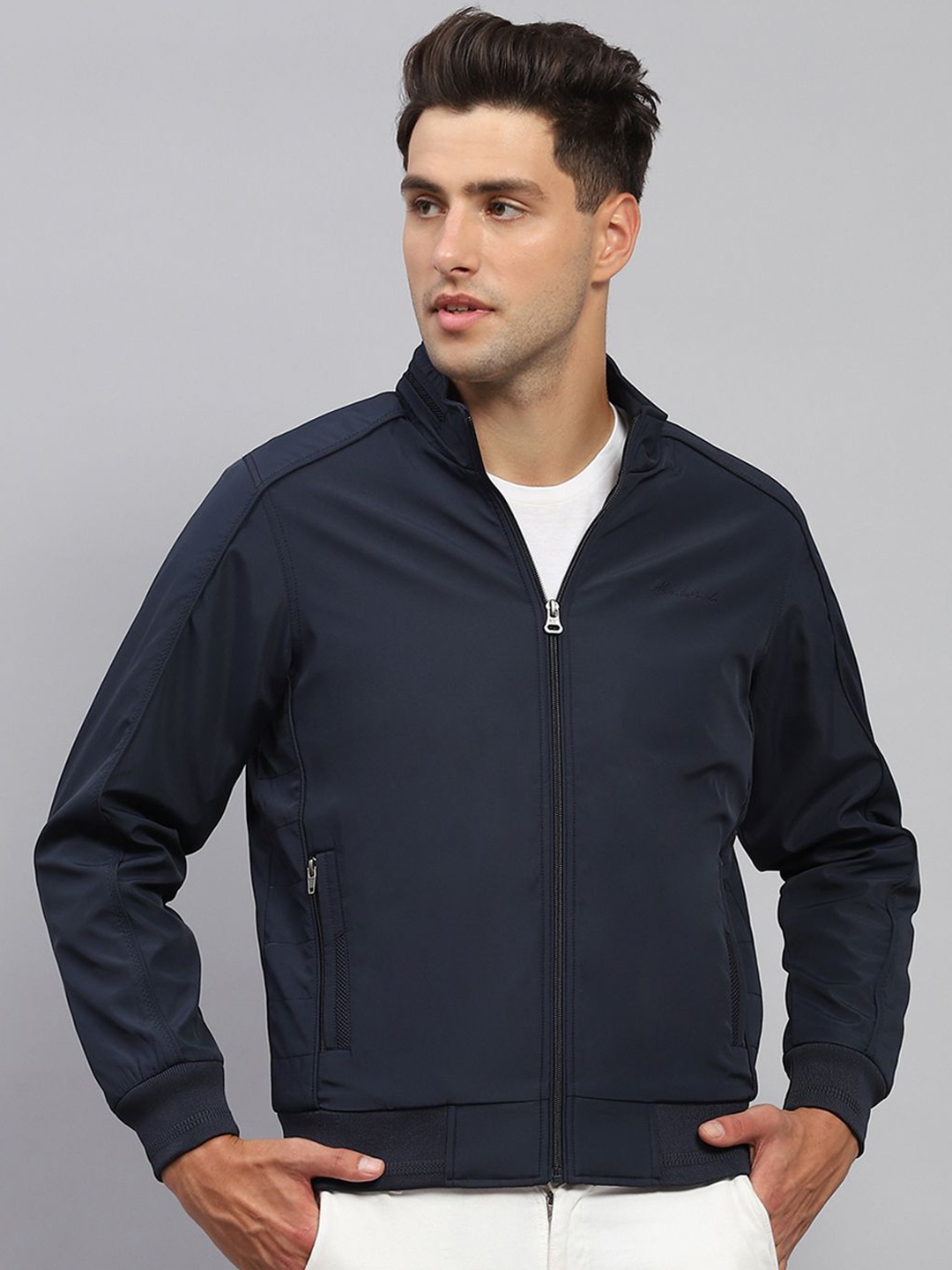 

Monte Carlo Men Mock Collar Solid Casual Bomber Jacket, Navy blue