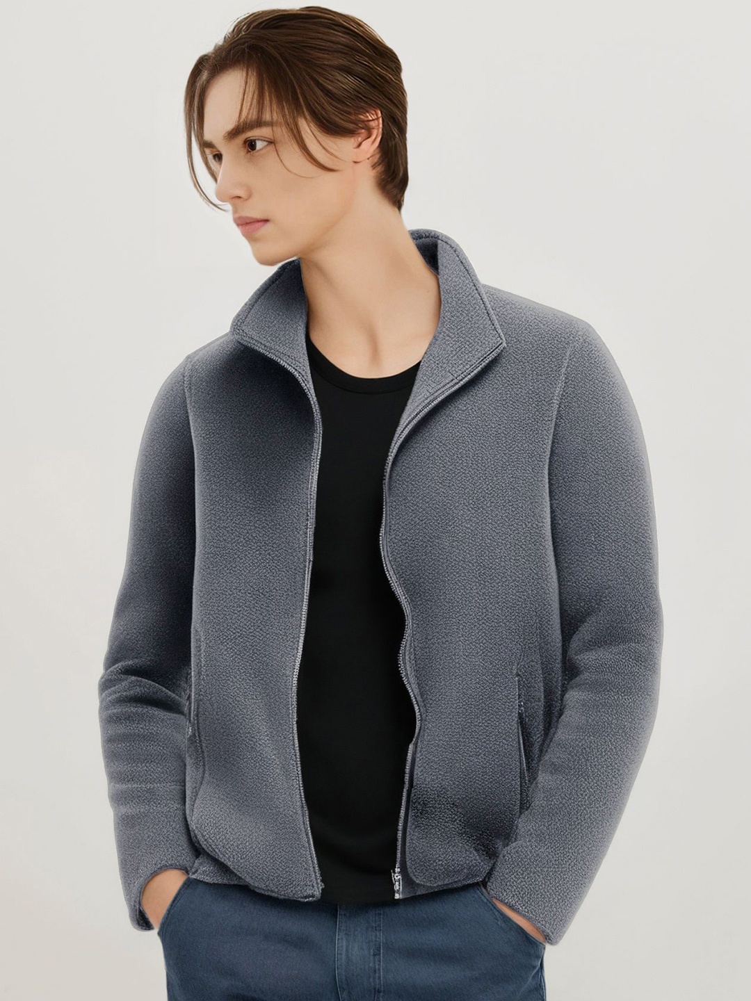 

StyleCast x Revolte Men Mock Collar Self Design Casual Windcheater Jacket, Grey