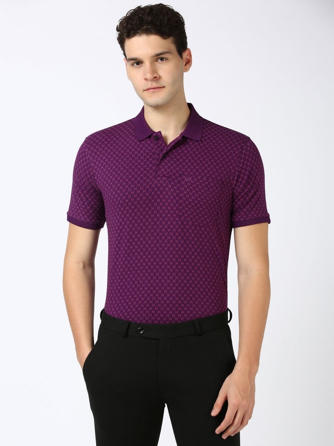 

Peter England Men Geometric Printed Polo Collar Cotton T-shirt, Purple