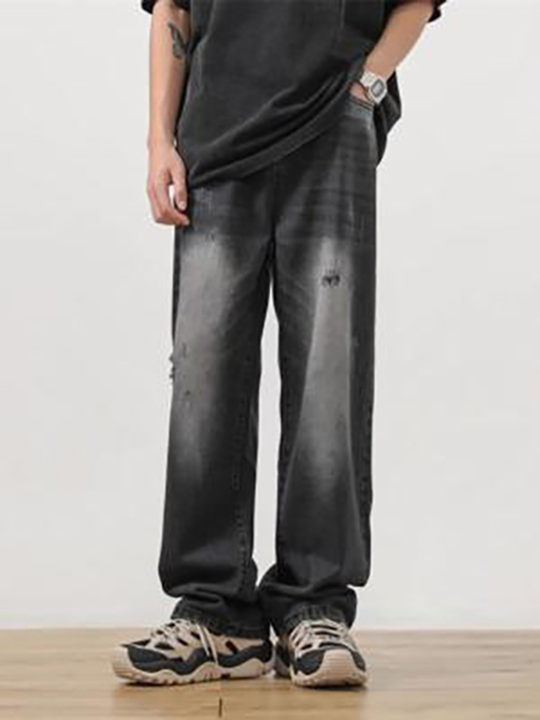 

StyleCast x Revolte Men Mildly Distressed Light Fade Jeans, Black