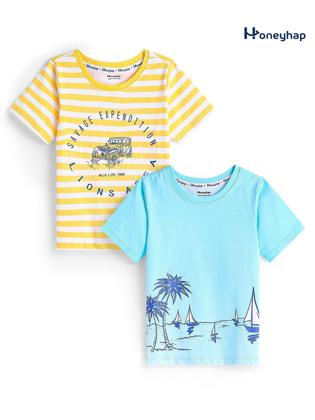 

Honeyhap Boys Pack Of 2 Striped High Neck Cotton T-shirts, Blue