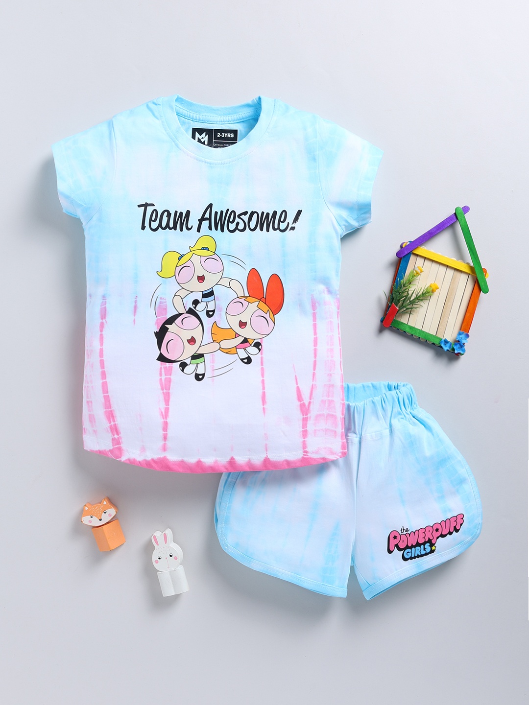 

YK X Minute Mirth Powerpuff Girls Printed Pure Cotton Dyed T-shirt & Shorts, Blue