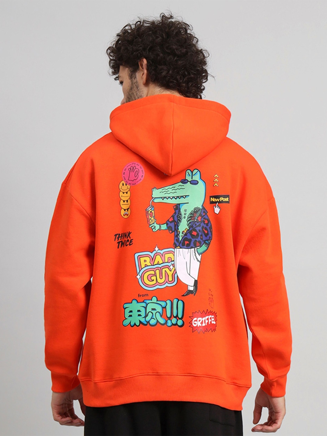 

GRIFFEL Men Graphic Printed Hood Fleece Pullover Sweatshirt, Orange