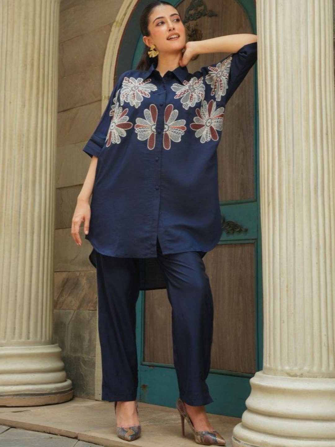 

AUTUMN LANE Women Embroidered Short Sleeves Shirt With Trousers Pure Cotton Co-Ords, Blue