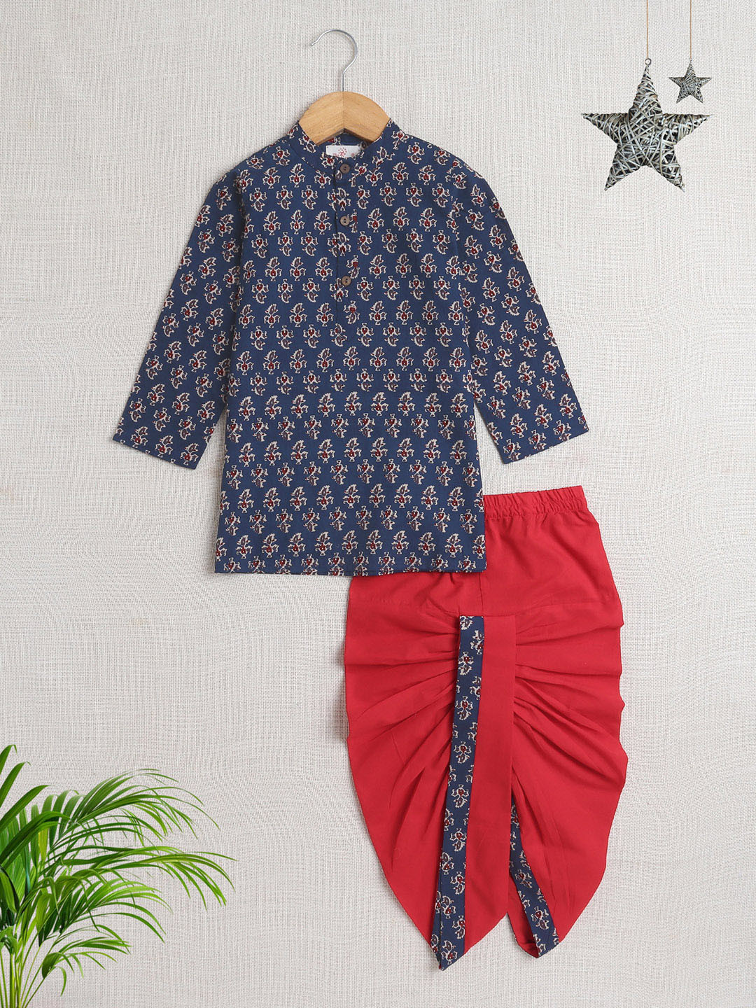 

The Magic Wand Boys Ethnic Motifs Printed Band Collar Pure Cotton Kurta With Dhoti Pant, Navy blue