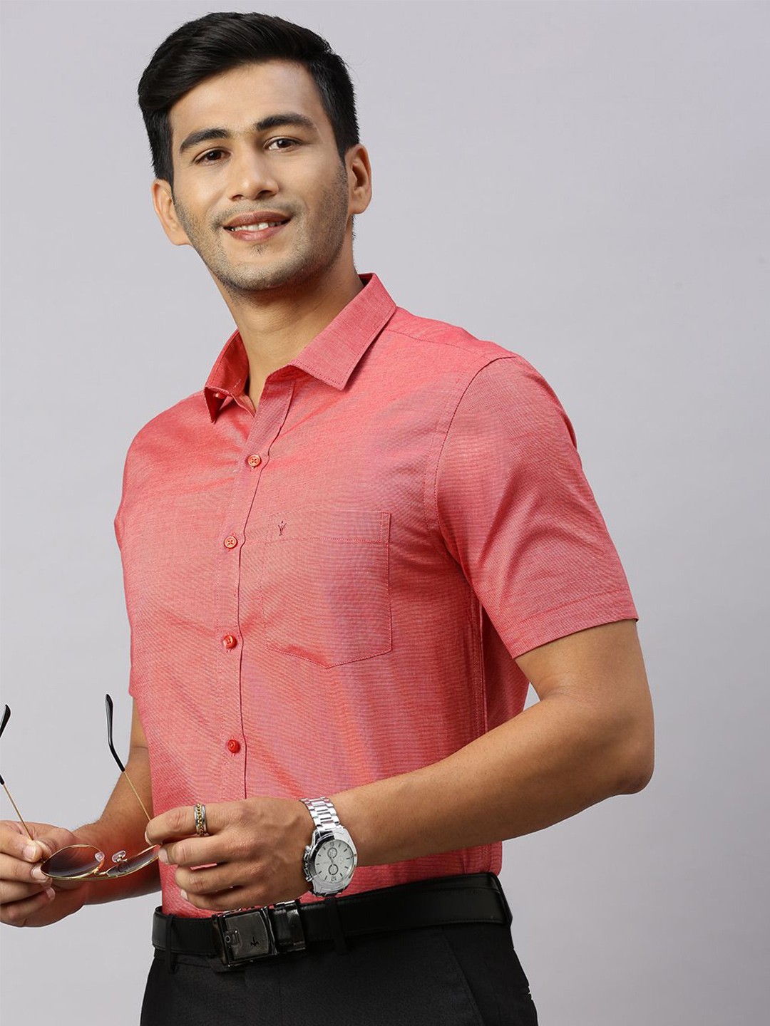 

Ramraj Men Spread Collar Solid Cotton Formal Shirt, Red