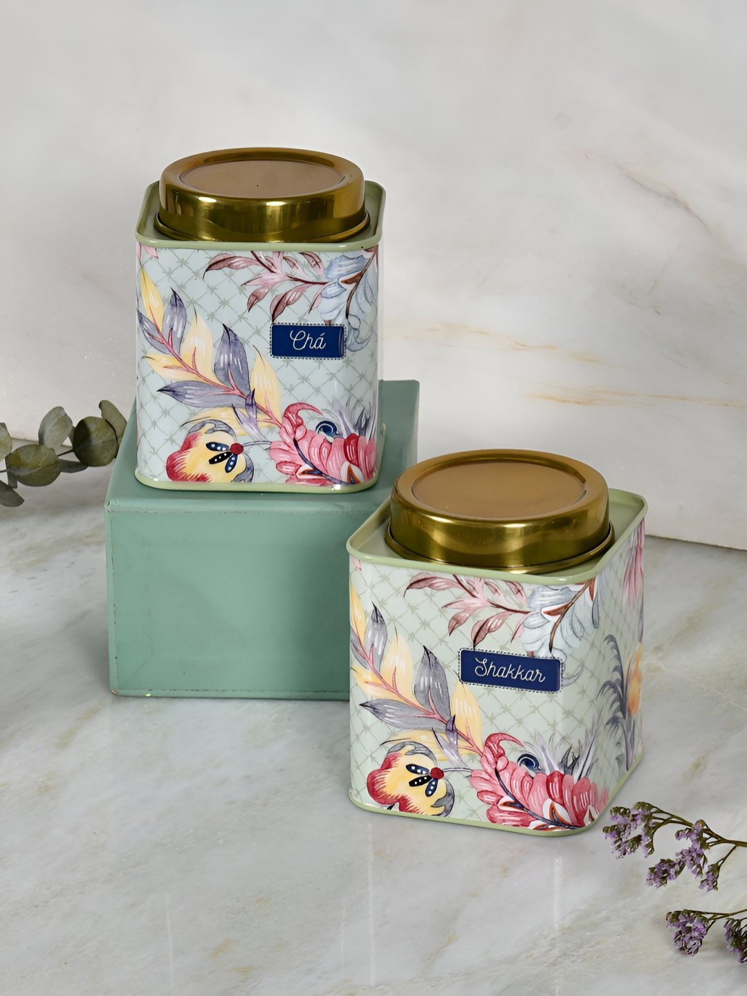 

Living With Elan Gingham & Blooms Green 2 Pieces Floral Printed Canister Container