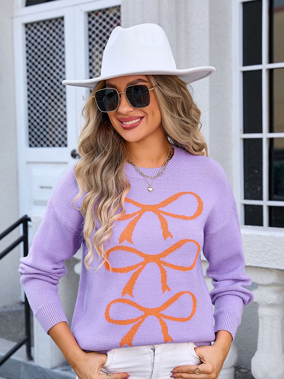 

LULU & SKY Women Abstract Self Design Round Neck Pullover Sweater, Purple