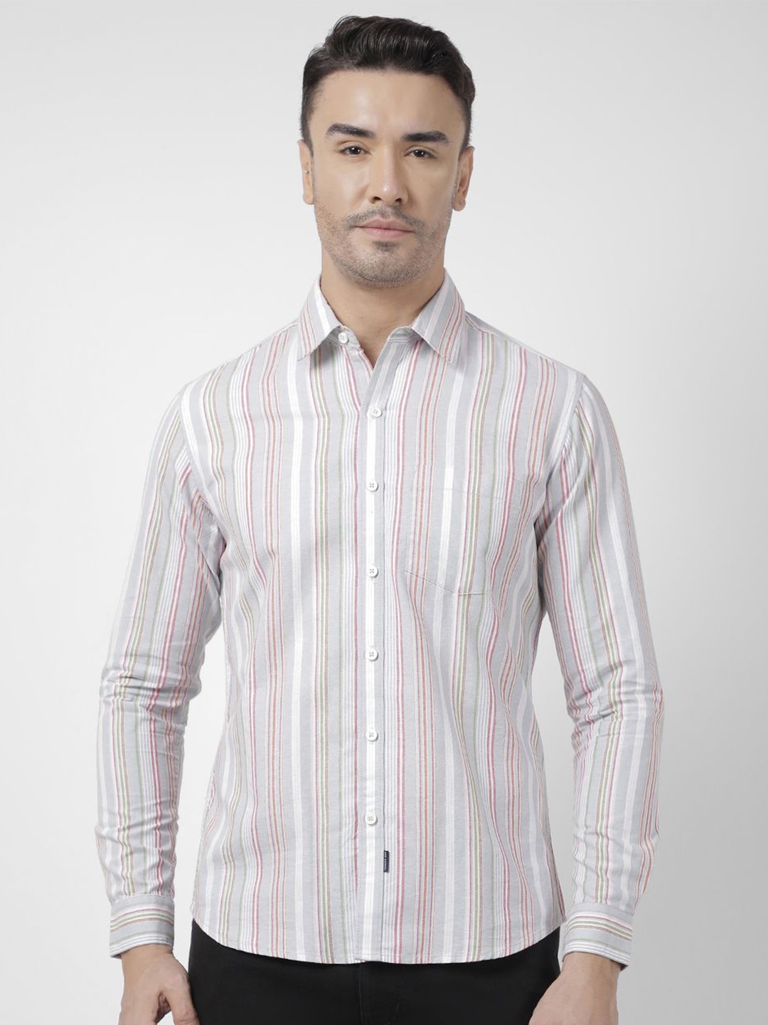 

Numero Uno Men Spread Collar Vertical Striped Cotton Slim Fit Casual Shirt, Grey
