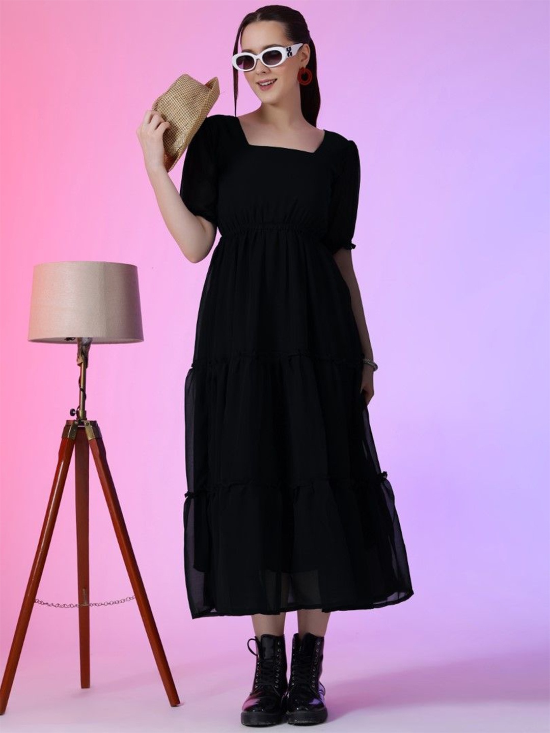 

Femvy Solid Puff Sleeve Tiered Fit & Flare Maxi Dress, Black