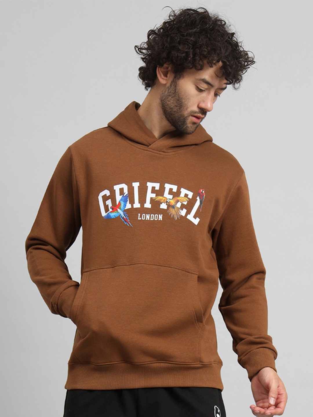 

GRIFFEL Men Typography Printed Hood Fleece Pullover Sweatshirt, Brown