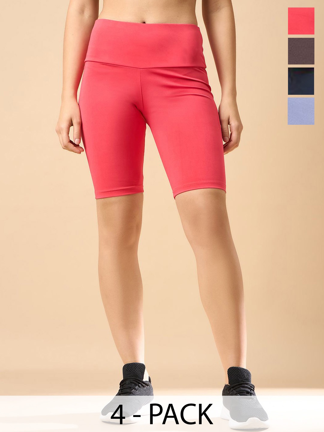 

COLOR CAPITAL Women Pack Of 4 High Rise Above Knee Cycling Tights, Red