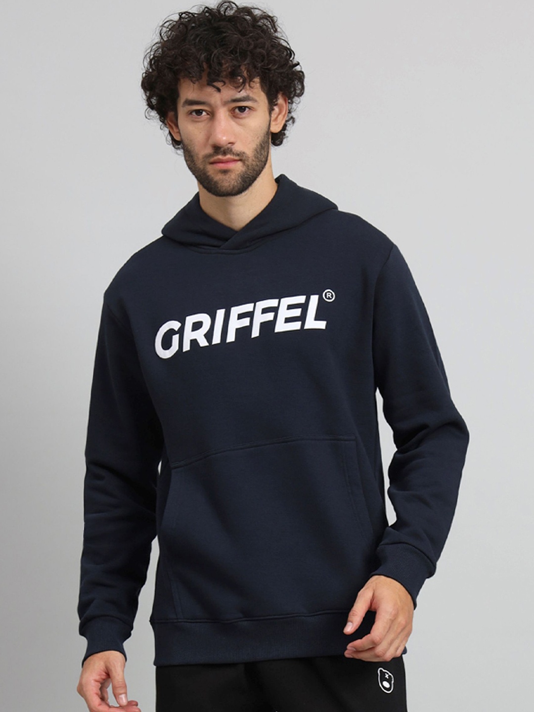 

GRIFFEL Men Typography Printed Hood Fleece Pullover Sweatshirt, Navy blue