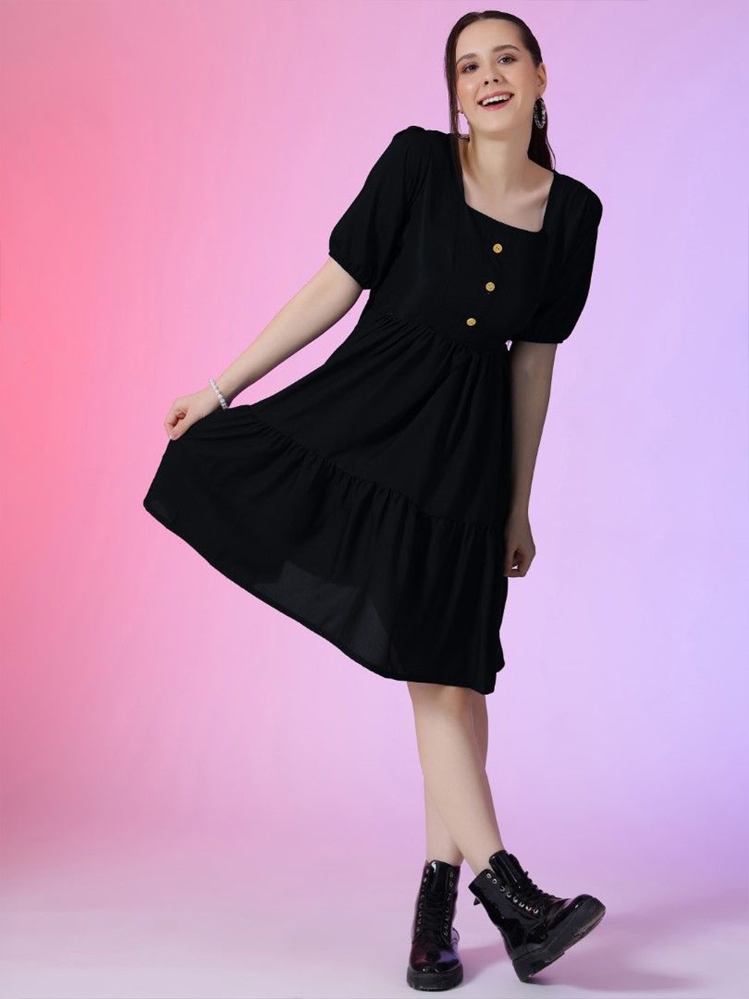 

Krunal Raiyani Solid Tiered Fit & Flare Dress, Black