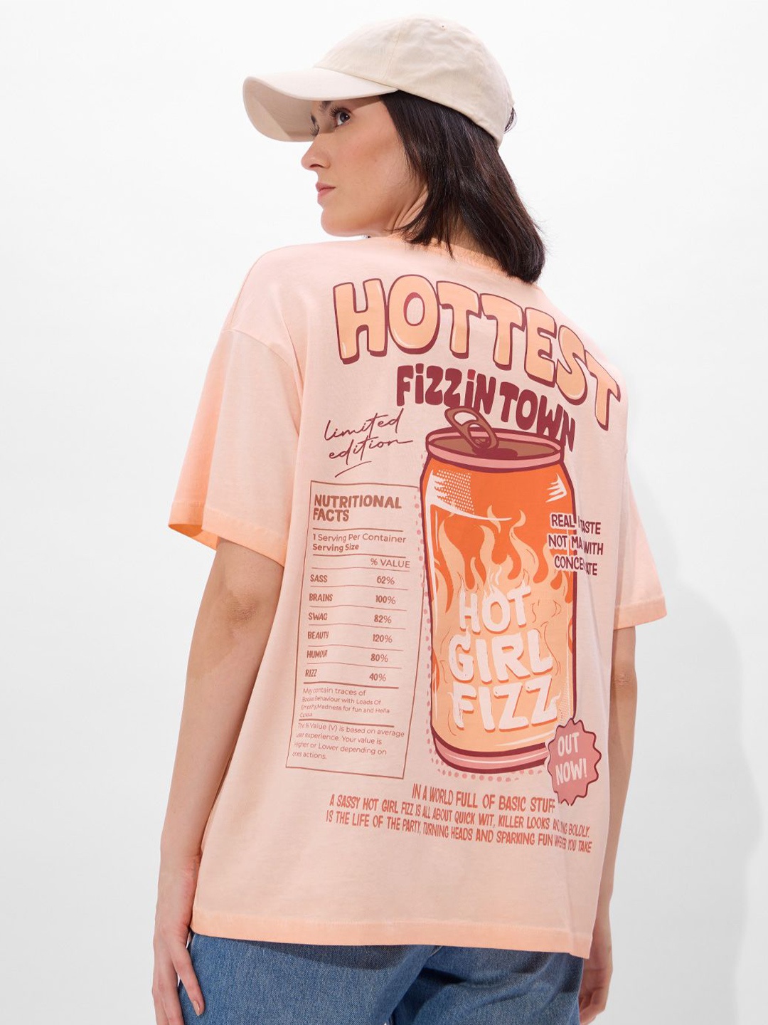 

The Souled Store Women Typography Printed Round Neck Cotton Oversized T-shirt, Peach