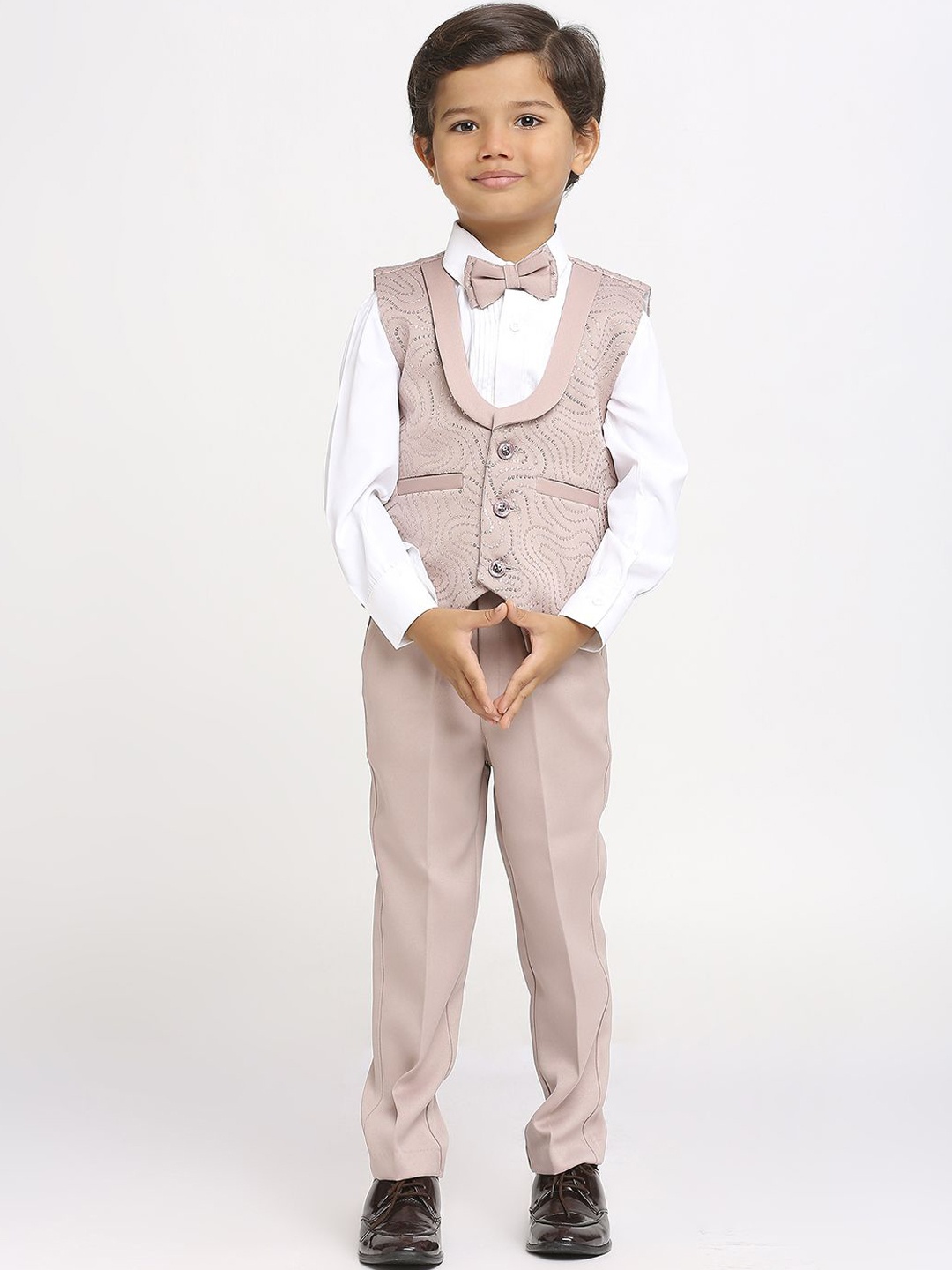

YK Boys Pack of 4 Embellished Single-Breasted Satin Cotton Party Suits, Peach