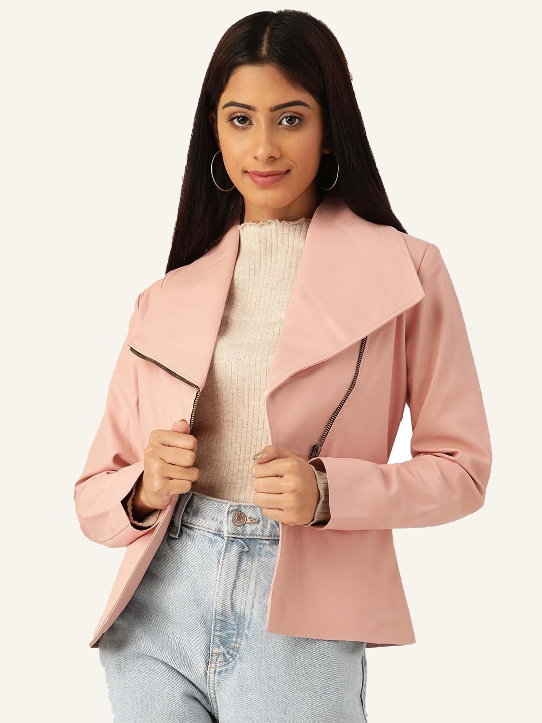 

Leather Retail Women Lapel Collar Solid PU Casual Tailored Jacket, Pink