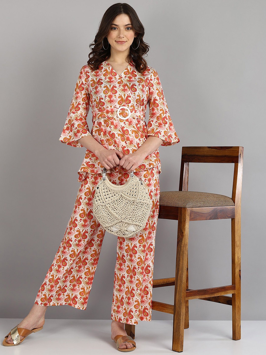 

Shiv ali apparels Women Printed Pure Cotton Top With Trousers Co-Ords, White