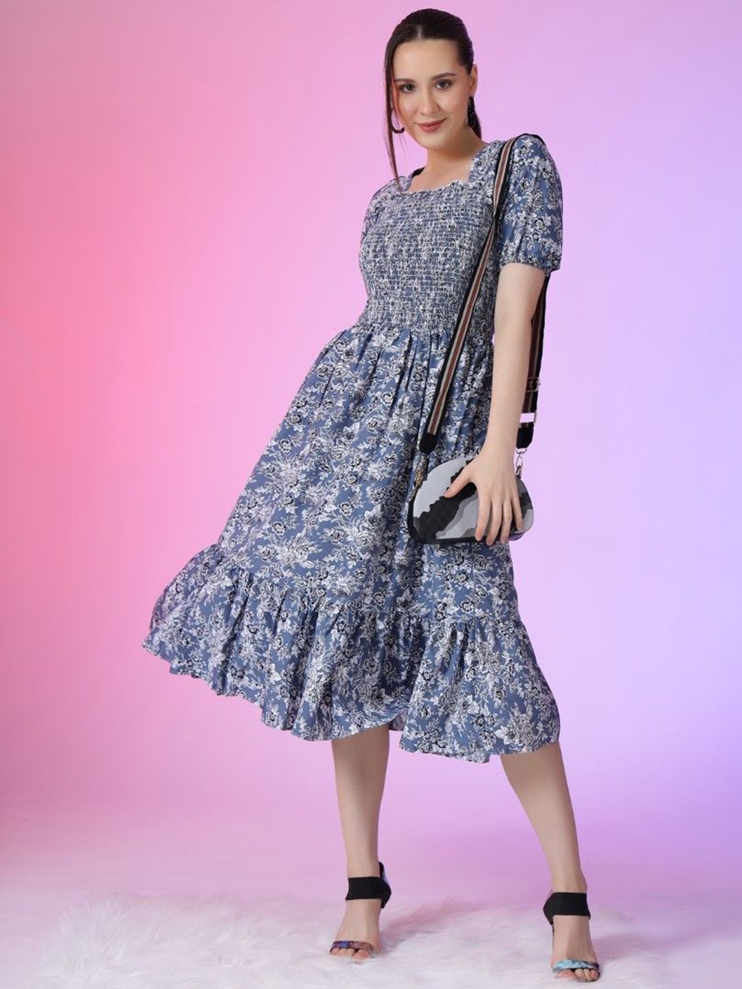 

Raiyani Enterprise Print Puff Sleeve Applique Fit & Flare Dress, Blue