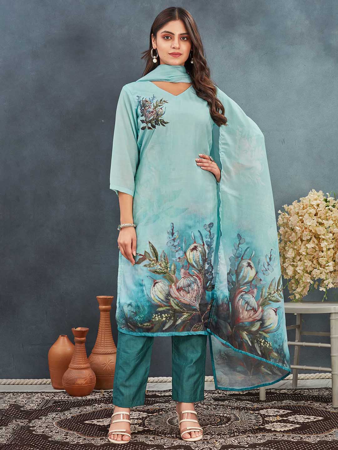 

TWINS LADY Floral Printed V-Neck Three-Quarter Sleeves Kurta With Trouser With Dupatta, Sea green