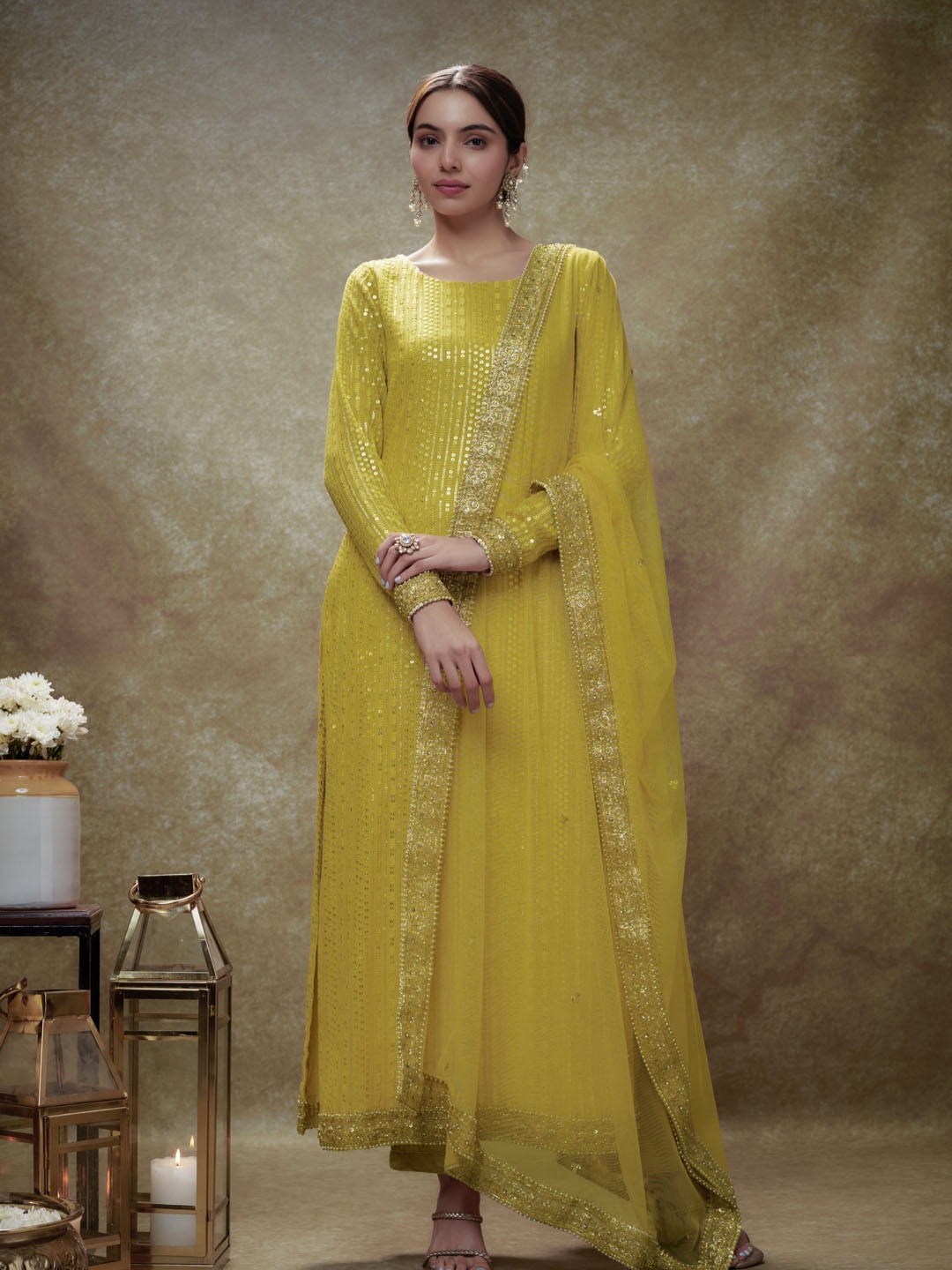 

Renee Label Women Printed Sequinned Kurta, Yellow