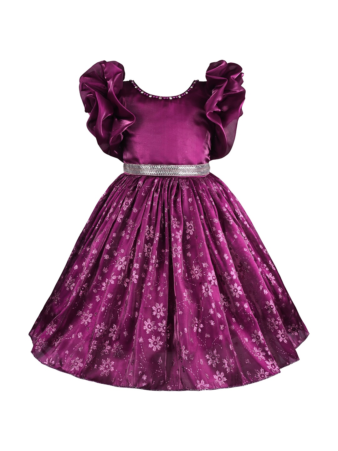 

Wish Karo Girls Floral Embellished Flared Sleeve Fit & Flare Knee Length Dress, Purple