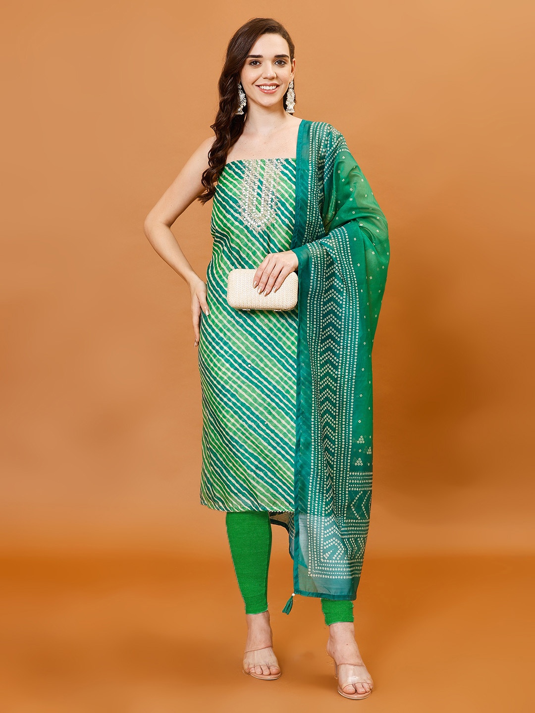 

Meena Bazaar Women Lehariya Print Zari Embroidered Unstitched Dress Material, Green