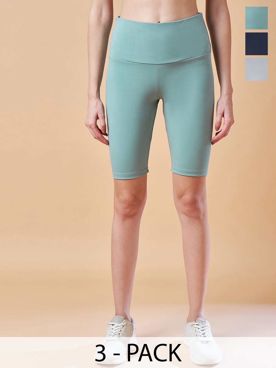 

COLOR CAPITAL Women Pack Of 3 High Rise Above Knee Cycling Tights, Sea green