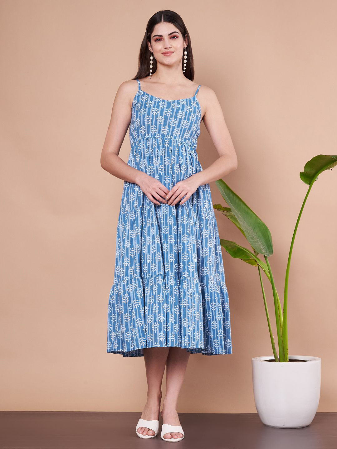 

FABRIC FITOOR Women Cotton Floral Printed Fit & Flare Dress, Blue