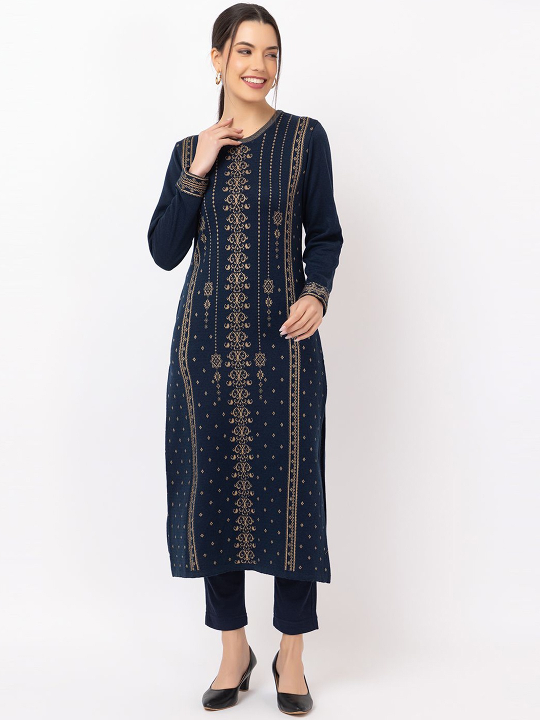 

KEIKO Geometric Woven Design Acrylic Straight Kurta, Navy blue