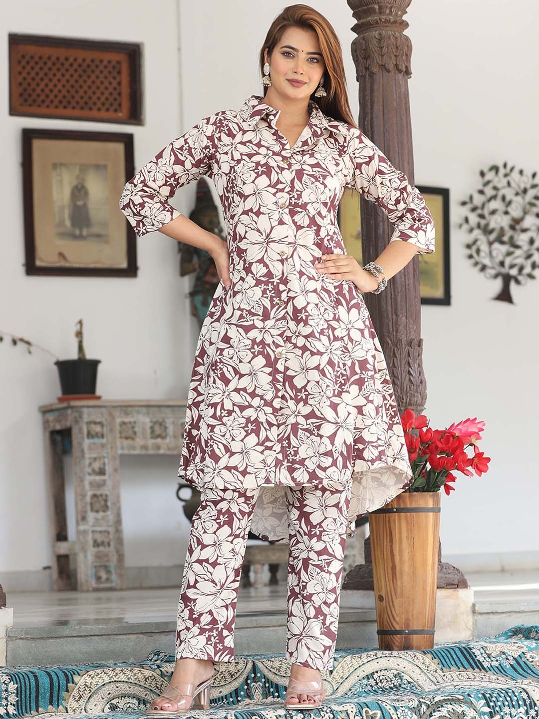 

G4Girl Floral Printed Shirt Collar Pure Cotton High-Low A-Line Kurta with Trouser, Rust