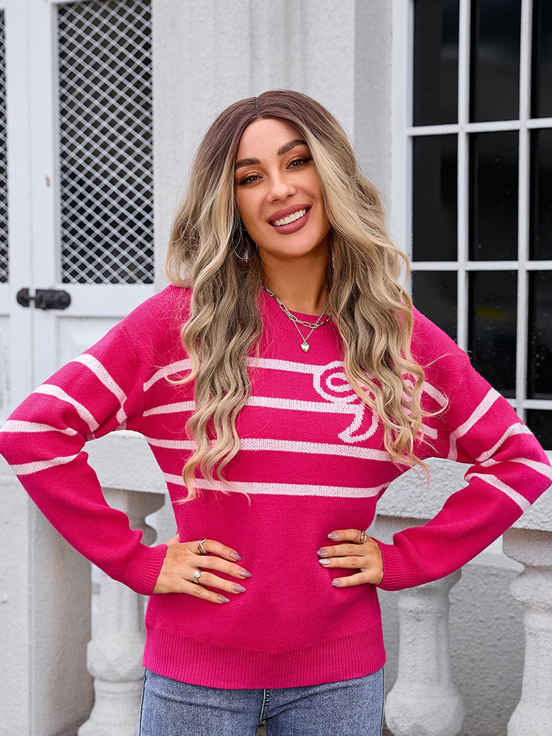 

LULU & SKY Women Striped Round Neck Pullover Sweater, Pink